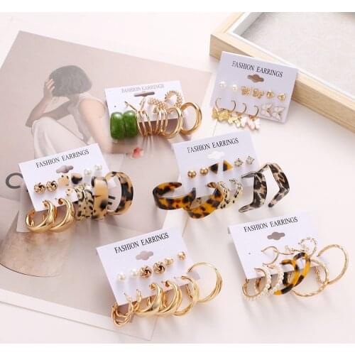 Fashion Butterfly Leopard Acrylic Hoop Earrings Set For Women Geometric Gold Color Metal Hoop Earrings 2021 Trend Jewelry Party