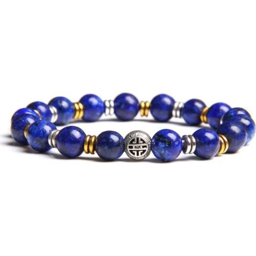Fashion Men Charm Bracelet Blue lapis lazuli Beads Bracelet Round Silver Color Ball Lucky Bracelet Jewelry for Women Homme Gifts