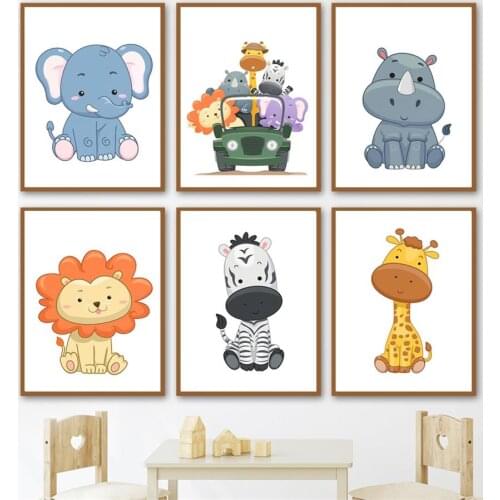 Cartoon Animal Elephant Rhino Zebra Giraffe Wall Art Canvas Painting Nordic Posters And Prints Wall Pictures For Kids Room Decor