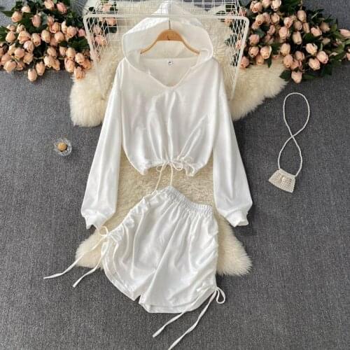 Casual Women Two Piece Set Solid Hooded Collar Long Sleeve Pullover Sweatshirt +Elastic Waist Drawstring Ruched Shorts Tracksuit