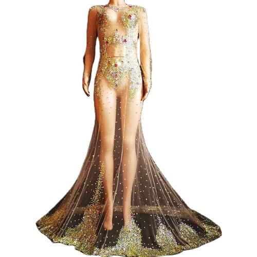 Sparkling Green Diamonds Women Dress Long Sleeve Mesh Perspective Mermaid Dress Prom Party Birthday Costume Nightclub Stage Wear