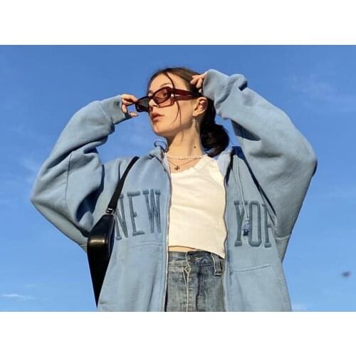 Haze Blue Vintage Letters Embroid Brand Quality Zip Up Hoodies Women Sweatshirt Winter Coat Loose Casual Streetwear Teens Girls