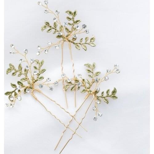 Green Leaf Hair Clips Pins Vintage Bridal Hairpins Rhinestone Wedding Prom Women Jewelry Hair Accessories
