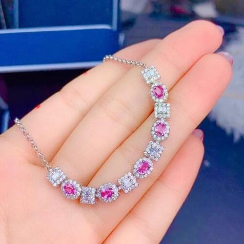 Luxurious geometry Square round natural pink sapphire Bracelet Natural gemstone bracelet S925 silver woman party gift jewelry