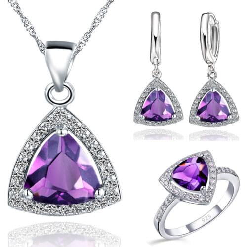 New Purple Triangle Cubic Zirconia 925 Sterling Silver Jewelry Sets Earrings Pendant Necklaces Finger Rings for Femme