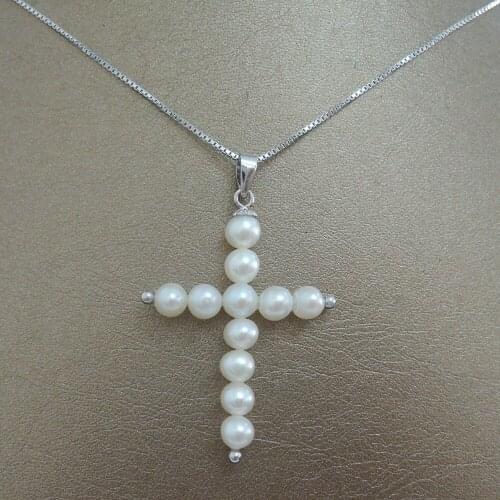 100% nature freshwater AAA pearl pendant necklace with 925 silver chain-cross shape-near round pearl shape