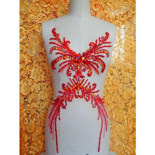 Zbroh Pure hand made dazzling red sew on Rhinestones applique crystals patches 52*28cm DIY dress accessory