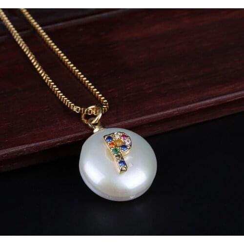 Mix CZ initial 26 alphabet letter name charm coin real freshwater pearl charm pendant dainty chain choker necklace for women