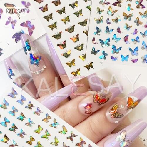 Colors 3D Laser Butterfly Nail Stickers for Nails Fashion Laser Gold Silver Decals Back Glue Manicure Design Nail Art Stickers
