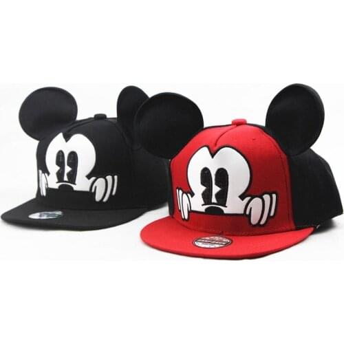 Disney Anime Mouse Mickey Kids Hat Boy Girl Hip Hop Caps With Ears Flat Mickey Minnie Mouse Baby Travel Hat Figure Toy Gift 3-8Y