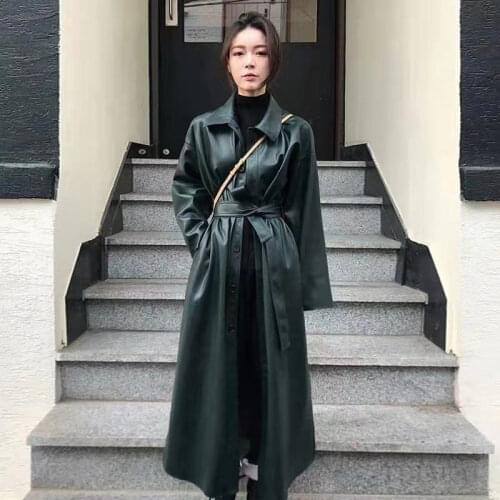 Cool PU Leather Long Jacket 2021 New Autumn Women Loose Belt PU Leather Windbreaker Trench Coat Slim Spring Jacket Y2k