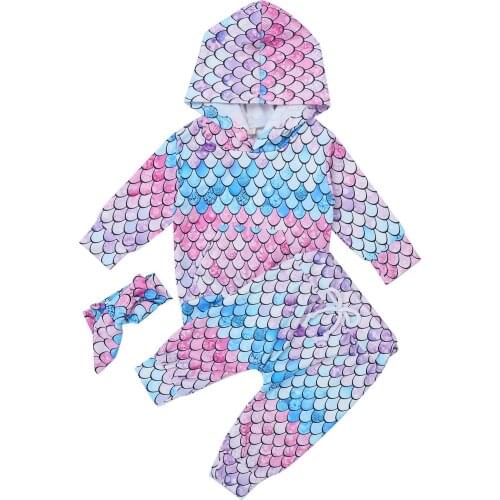 Infant Baby Girl Mermaid Outfit Fish Scale Print Long Sleeve Hoodie Sweatshirt + Pants + Headband Toddler Girl Tracksuit Sets