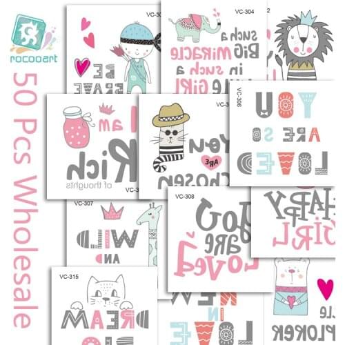 Rocooart 50 pieces Small Silver Cute Animal and Letter Temporary Tattoo Design For Kids Waterproof Tatoo Sticker Body Arms Decor