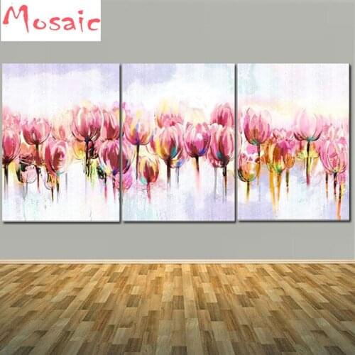 Hand work Modern Abstract flower diamond Painting Pink Tulip 3 pcs/set Wall Picture Living Room Home Wall Decoration Art