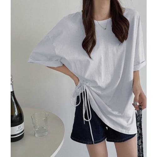 Korean style loose summer irregular hem slit drawstring short-sleeved t-shirt women