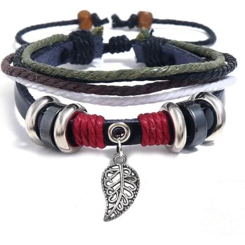 Vintage Retro Multilayer Leather Bracelet Leaf Beads Charm Unisex Bangle Wrap Adjustable Wristband for Men Women Fashion Jewelry