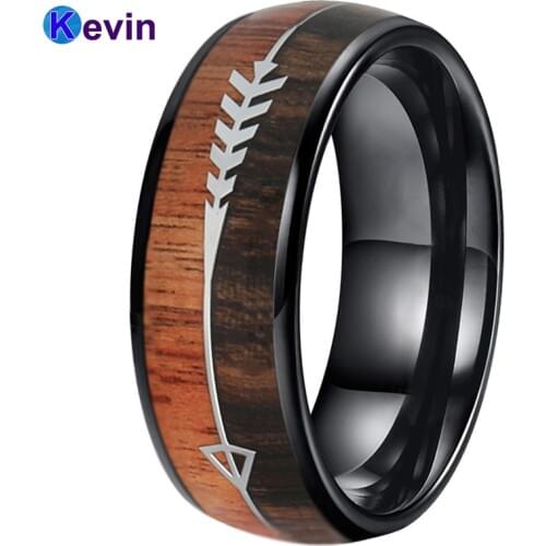8MM Tungsten Wedding Band Black Wedding Ring For Men And Women With Double Wood And Steel Arrow Inlay Band