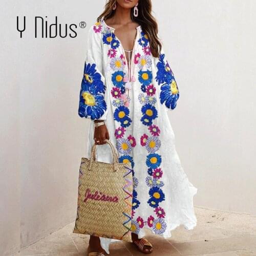 Y Nidus Maxi Dress Women Summer Boho Floral Dresses 2020 Autumn Long Party Beach Striped Dress V-Neck Loose Sundress Vestidos