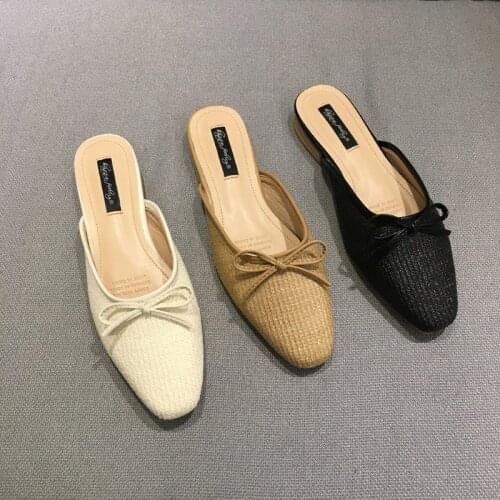 Luxury straw weave mules square close toe slip on outside slides women elegant bow-tied low heels sandals shallow slippers shoes