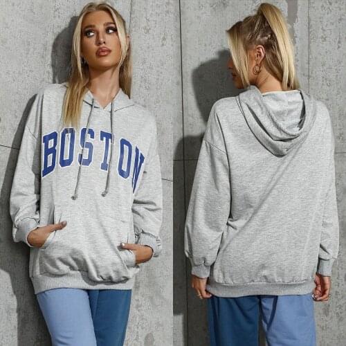 Women Letter Printed Hoodies Sweatshirt 2021 Autumn Winter Female Causal Loose Grey pocket Pullover Oversize Sporty Sweatshirt