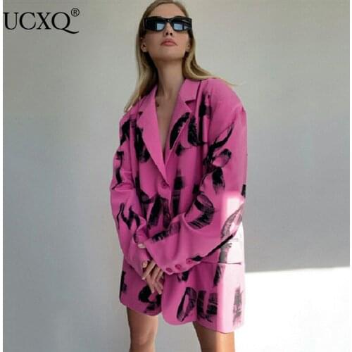 UCXQ Woman Blazer Jacket Letter Printing Notched Loose Double Breasted Long Sleeve Casual Style 2021 New Autumn Fashion 23XF358