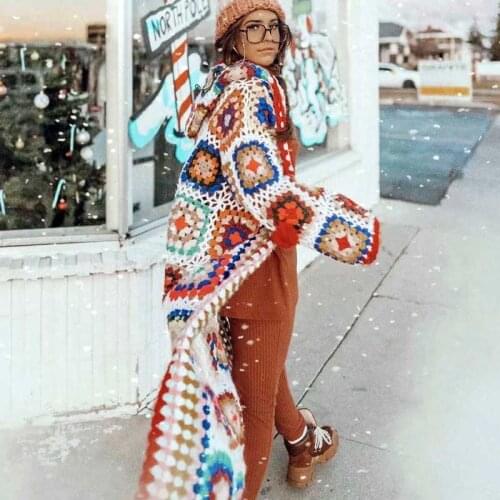 Boho inspired Crochet handmade cardigan women long sleeve bohemian style colorblock cardigan coat winter new knit long cardigan