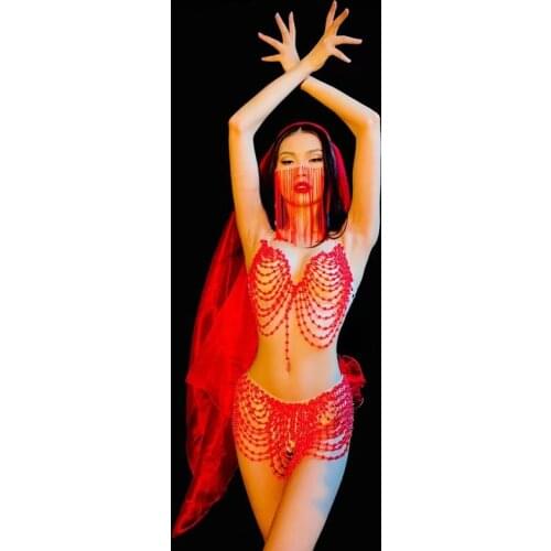 Nightclub Female Singer Stage Sexy Costumes Gogo Dancer Red Fringe Suit Modern Pole Dancing Clothes Festival Clothing DWY6060
