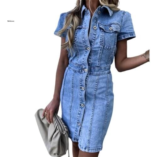 Women Elegant Bodycon Mini Dress Summer Vestidos Office Ladies New Button Faded Vintage Washed Denim Jean Women Dresses
