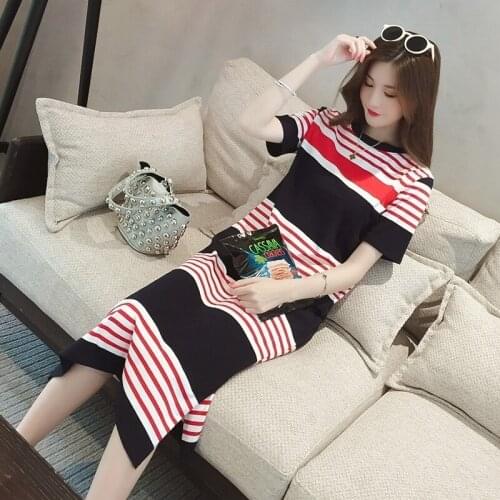 Summer new round neck ice silk knitted short-sleeved dress Korean version of solid color wide loose long fork T-shirt skirt wome