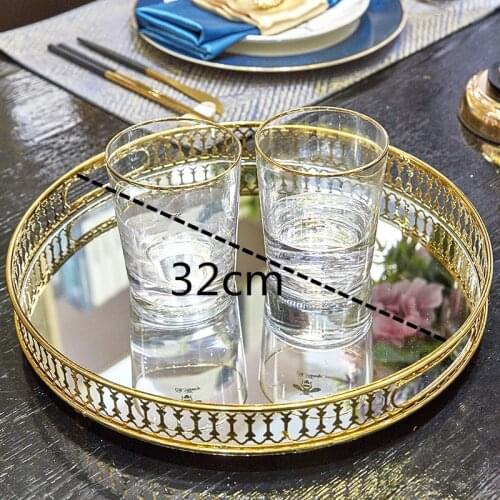Gold Trays Decorative Mirror Glass Metal Storage Tray Rectangle/round Fruit Plate Desktop Small Items Jewelry Display Tray