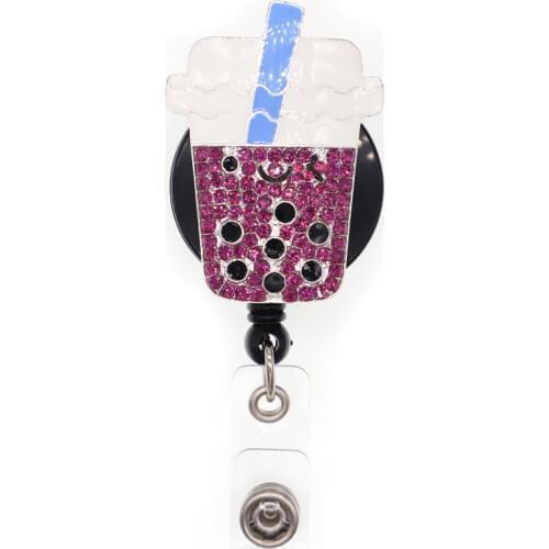 Free shipping bling Rhinestone enamel Milk tea Retractable ID Badge Holder reel for Waitress students accessories