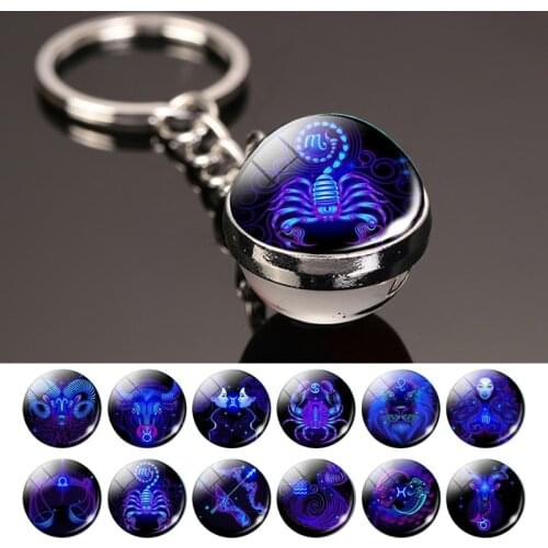 12 Constellation Keychain Fashion Double Side Cabochon Glass Ball Keychain Zodiac Signs Jewelry For Men For Women Birthday Gift