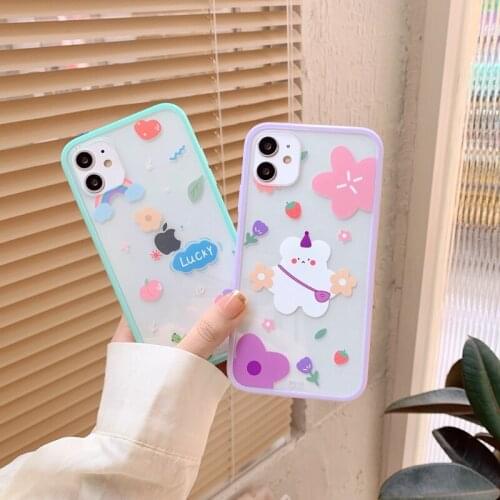 INS Cute Cartoon Bear Flowers Phone Case For iPhone 12 11 Pro Max XR XS Max 7 8 Plus X SE 2020 Soft TPU Silicon Back Cover Coque