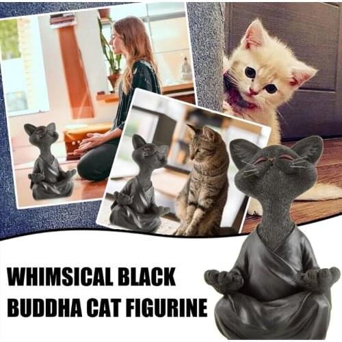 Whimsical Smiling Black Cat Figurine Meditation Yoga Happy Kitten Collection Art Sculptures Garden Statues for Office Desk Deco
