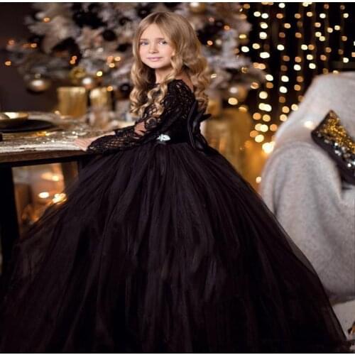 Elegant Black Flower Girl Dresses For Weddings Tulle Ball Gown Long Sleeves Tulle First Holy Communion Dresses For Little Girls