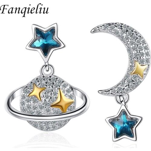 Fanqieliu Creative Jewelry Crystal Planet Moon Star Vintage 925 Sterling Silver Stud Earrings For Women FQL21287