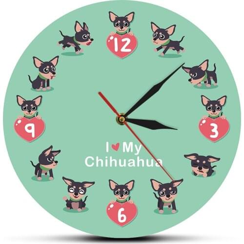 I Love My Chihuahua Wall Art Acrylic Wall Clock Cute Chi-chi Puppy Pet Doggie Cartoon Printed Wall ClcokDecorative Wall Watch