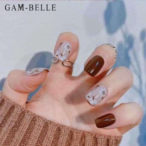GAM-BELLE 24Pcs Wine Red False Nails White Flower Designs Full Cover Square Artificial Press On Nails Decoration Manicure Tools