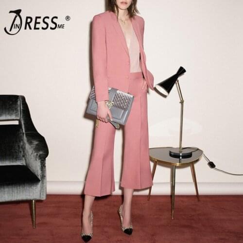 INDRESSME 2019 New Fashion Office Lady Two Piece Sets Suits Pink Sexy Notched Collar Long Sleeve Pocket Blazer Boot Cut Pants