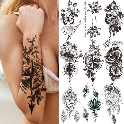 Compass Flower Temporary Tattoos For Women Girls Black Lotus Arrow Arm Tattoo Sticker Fake Drearm Catcher Butterfly Tatoos Paste