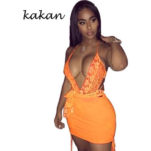 Kakan lace sexy nightclub dress two-piece fluorescent color knit dress set stitching perspective halter openwork dress