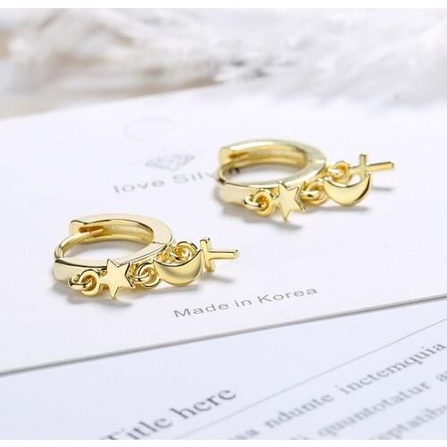 Small star and moon earrings female Korean fashion short earrings classic cross pendant earrings
