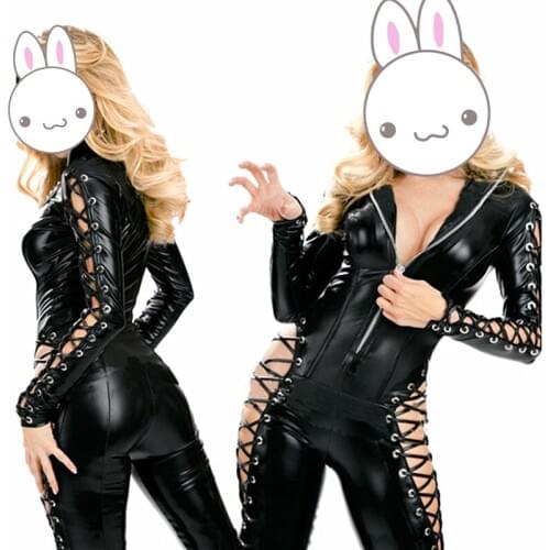 Cheap Woman Black Lace up Jumpsuit Sexy Erotic Faux Latex Catsuit Women Sexy Costumes Pole Dance Wear