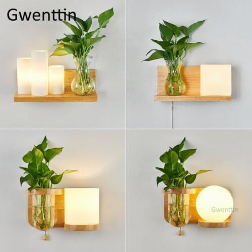 Nordic Wood Glass Wall Lamp Modern Led DIY Plant Sconce Mirror Wall Light Fixtures for Bedroom Bedside Lamp Home Decor Luminaire