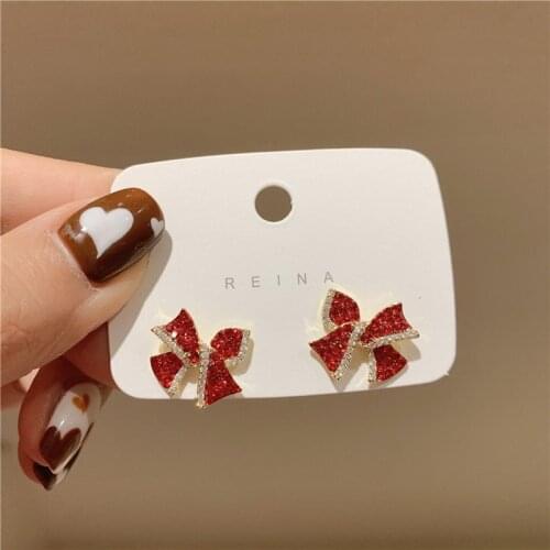 New Trendy Red Crystal Bowknot Stud Earrings For Women Small Cute Oorbellen Femme Fashion Korean Jewelry Gifts