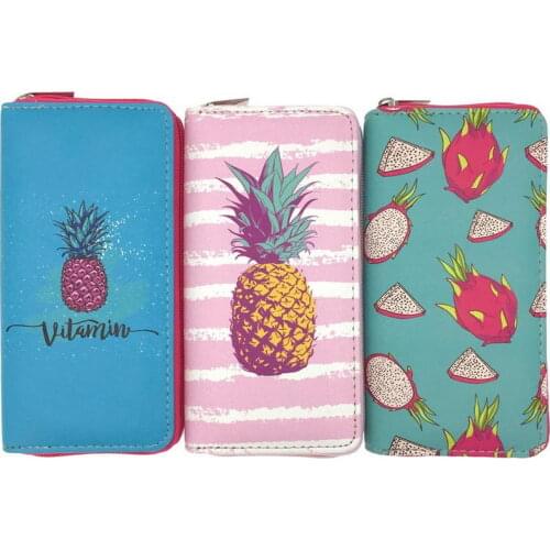 KANDRA New Pineapple Pattern Wallet Women Tropical Business Card Holder Long Zipper Purse Wallet Female Slim Cute Coin Pouch