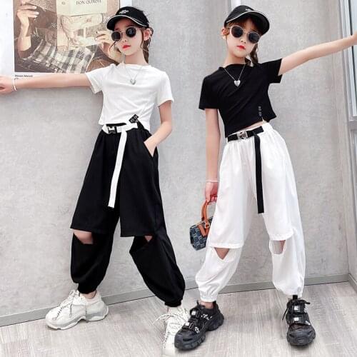 Western-style Baby girls' clothing Knee Hole opening Long Pants Suit Short Sleeve T-shirt Waist Buckle Harem pants Hip Hop Sets