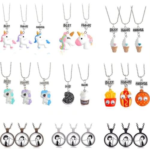 2020 New 3 pcs / set of Best Friends Cute Resin Pendant Necklace Ladies Women Unicorn Milk Biscuit Necklace BFF Couple Jewelry