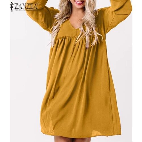 ZANZEA 2021 Bohemian Beach Dress Womens Summer Sundress Puff Sleeve Knee Length Vestidos Female Solid V neck Robe Plus Size