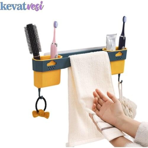 Bathroom Shelf with Hooks Wall-mounted Towel Rack Multifunctional Toilet Storage Racks Punch Free Drain Rack Bathroom Organizer